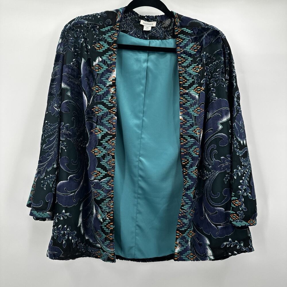 Sundance Cardigan Kimono Womens Medium Petite MP Blue Embroidered Velvet Burnout